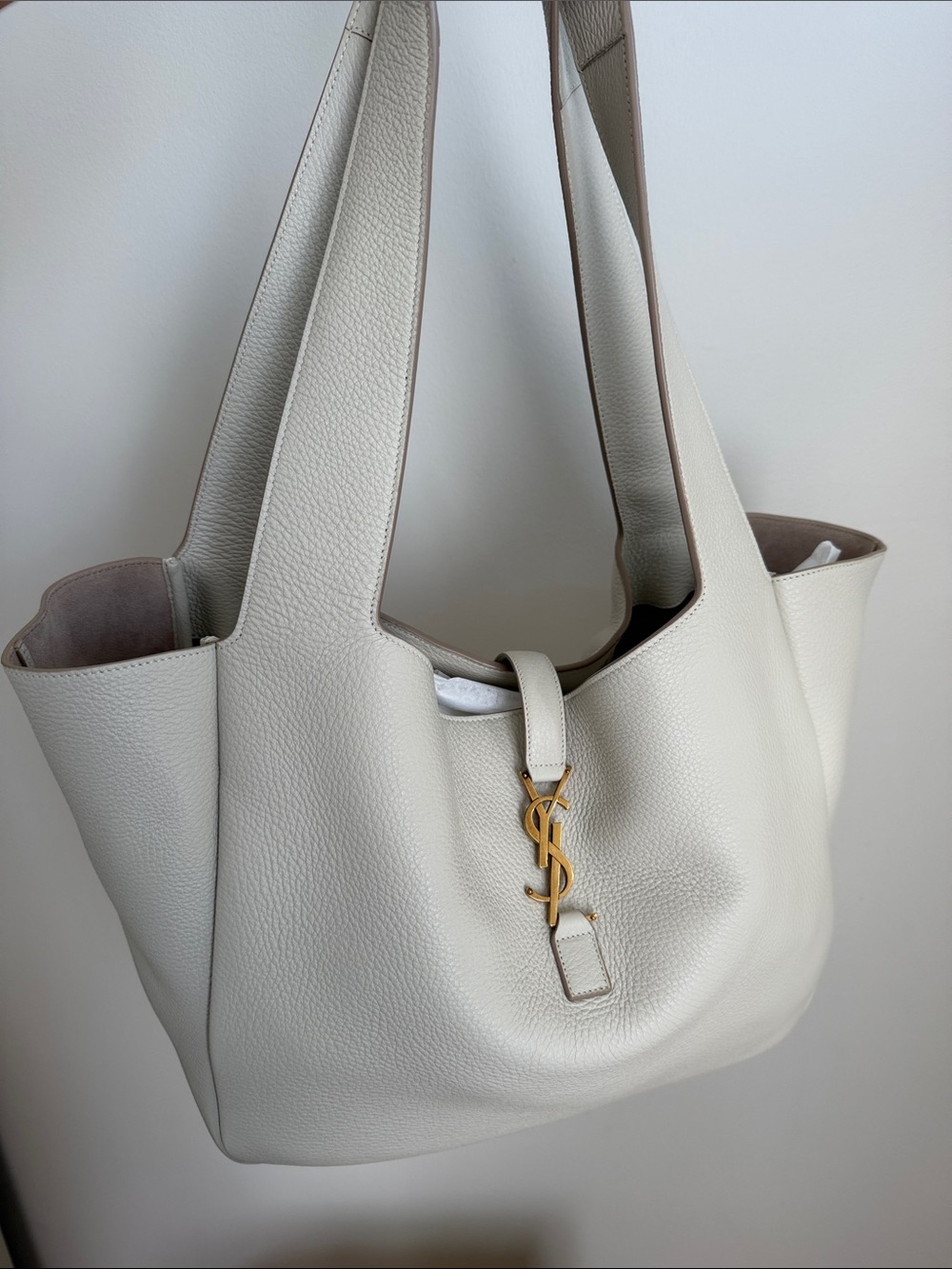 YSL Ivory Pebbled Leather Bea Tote Bag
